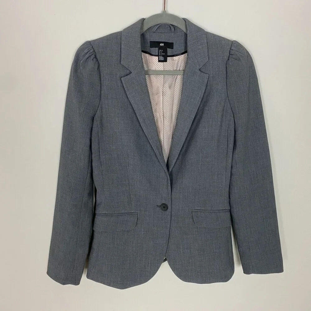 H&M Blazer Puff Shoulder Grey Womens 6 Career Professional Jacket